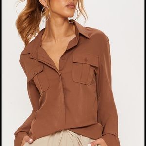PrettyLittleThing brown button-up shirt